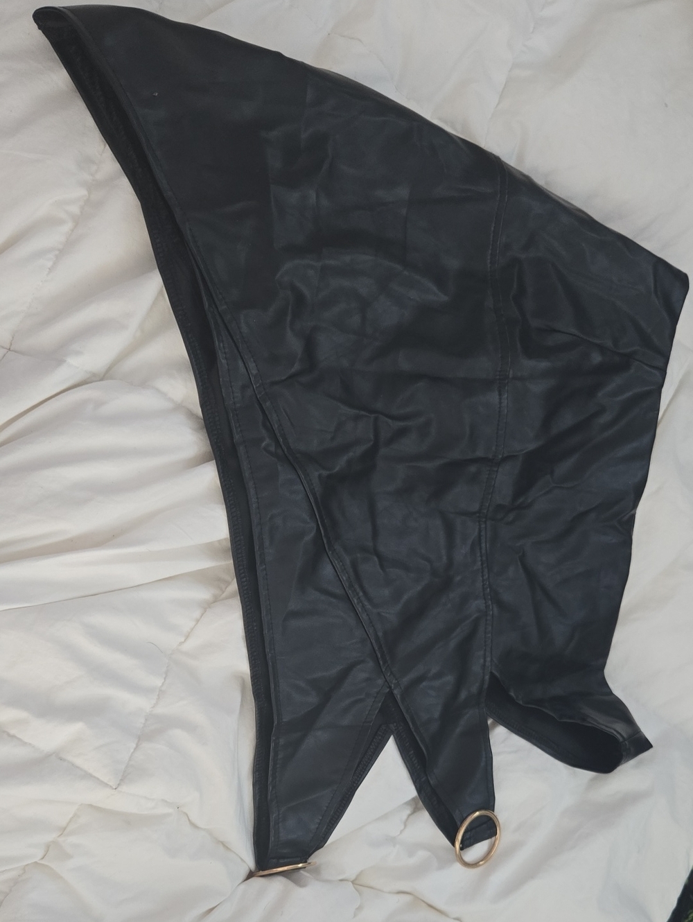 Black Faux Leather A-Line Mini Skirt with Ring Detail
